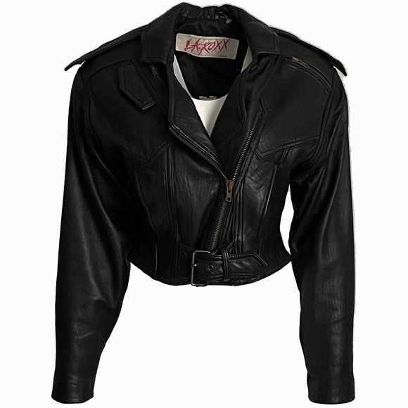 Motorcycle Jacket Black Leather with Zippers by LA ROXX Vintage Boutique Rare - Picture 5 of 10